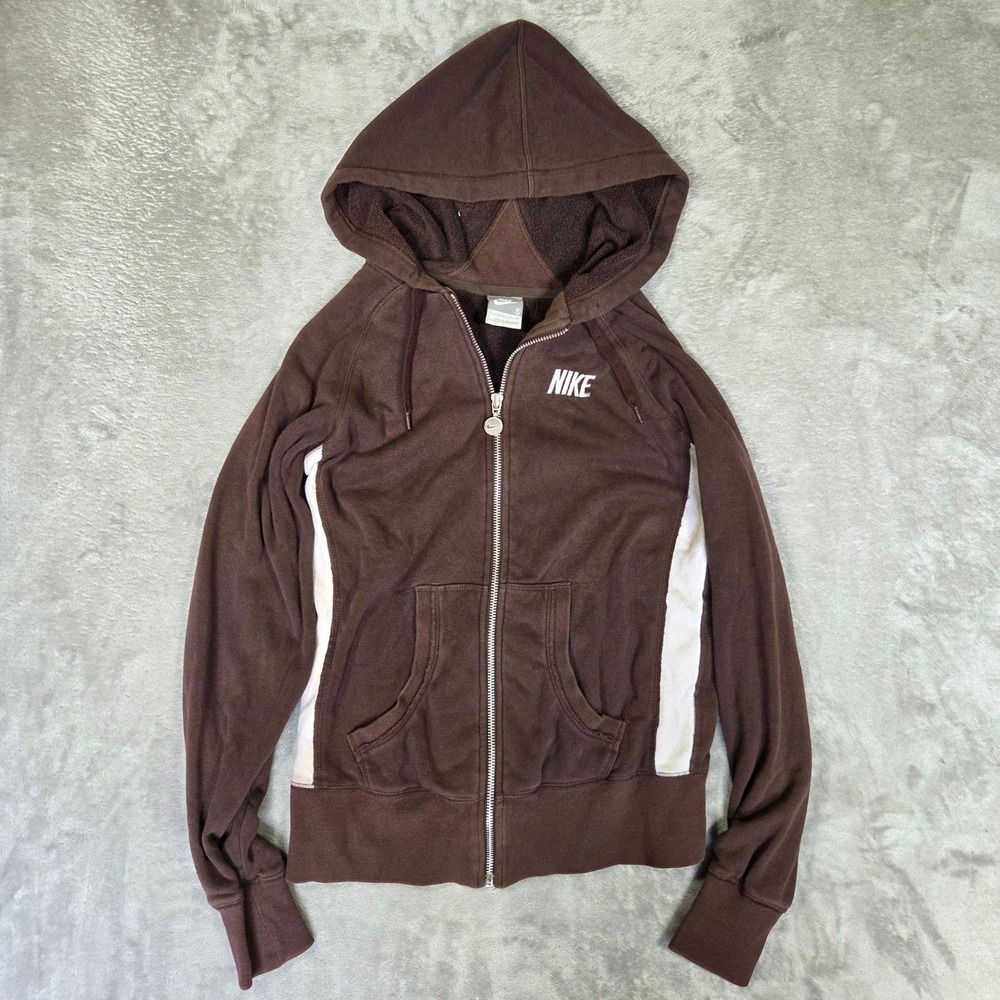 Nike Womens Full Zip Hoodie Brown White Side Stripe Fleece Sweatshirt Small Y2k